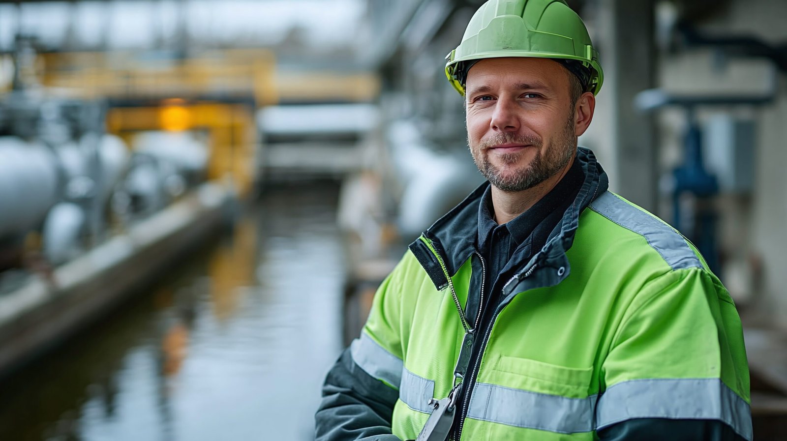 sewage plant worker in green security outfit standing in front of domestic wastewater treatment facilities showcasing the important role of safety and environmental management in water treatment